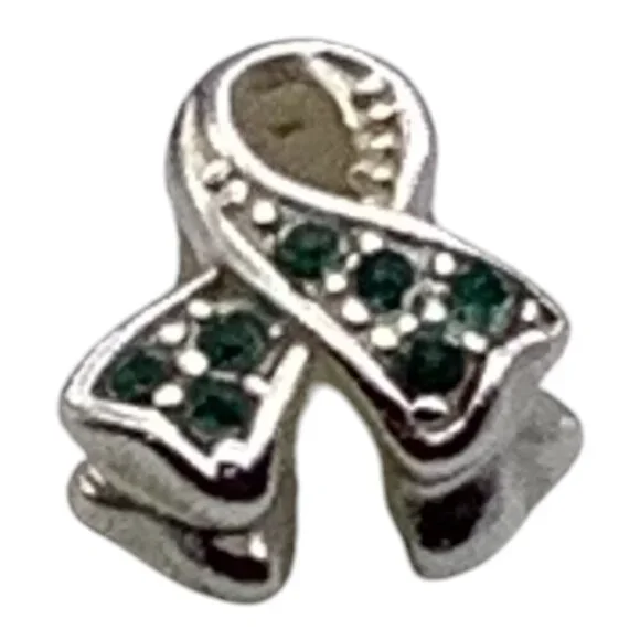 Charmed Craft 925 Sterling Silver Ribbon Pendant Green Crystals Cancer Awareness - Picture 5 of 8